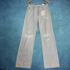 KanCan Womens 7/27 90s Flare Light Blue Jeans Wide Leg Distressed Denim